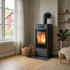 En modern pelletskamin med flammor som lyser upp rummet. Bredvid står en korg fylld med pellets, redo för en mysig kväll. Tänk på pelletskamin pris för en varm och effektiv uppvärmning.