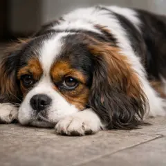 Smutny piesek Cavalier King Charles Spaniel leży na podłodze. Jego oczy wydają się wilgotne, co może być jednym z objawów włosogłówki.