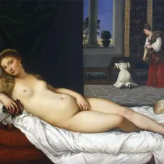 La Venus de Urbino, una mujer desnuda recostada en una cama, mira al espectador mientras una sirvienta busca en un cofre.