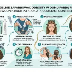 Ilustracja przedstawia 7 kroków farbowania odrostów w domu, od przygotowania po rezultat.