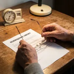 Starszy mężczyzna z okularami w dłoniach czyta dokument "Rozwiązanie umowy". Czy można zwolnić emeryta? Zegar pokazuje 30. dzień miesiąca.
