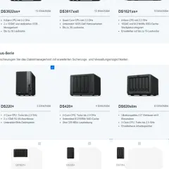 NAS-Hersteller-Übersicht: Mehrere NAS-Geräte wie DS220+, DS420+ und DS720+ werden gezeigt.