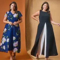 Dwie kobiety plus size w eleganckich kombinezonach: jeden w kwiaty, drugi czarny z białymi spodniami.