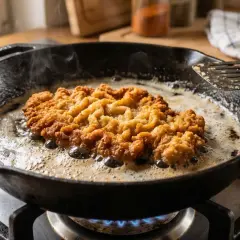 Ein goldbraunes Schnitzel braten in einer Gusspfanne auf dem Herd. Dampf steigt auf, während das Fleisch in heißem Fett zischt.