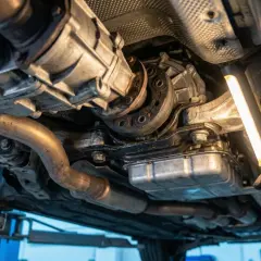 Mechanik bada podwozie auta, szukając przyczyn drgań automatycznej skrzyni biegów na D.
