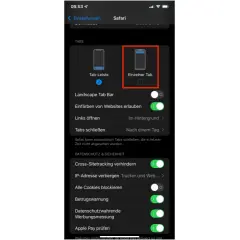 Safari-Einstellungen: Einzelner Tab ist ausgewählt. Die safari suchleiste oben ist hier nicht sichtbar.