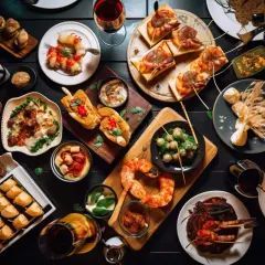 Bogactwo tapas: krewetki, pieczywo z dodatkami, ser, wędliny i inne przysmaki na czarnym stole.