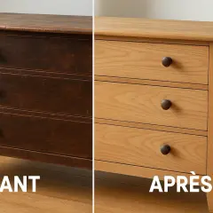 Meuble sombre avant et après avoir réussi à enlever la cire. Le bois retrouve sa teinte naturelle claire.
