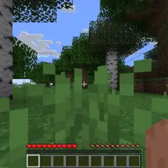Wirtualny świat Minecraft. Gracz stoi wśród zielonych traw, widząc drzewa i niebo. Na dole ekranu pasek zdrowia i ekwipunek, gdzie widać jeden pusty slot.