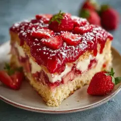 Ein saftiges Stück Erdbeerkuchen mit frischen Erdbeeren und Sahne. Dieses Erdbeerkuchen Rezept ist ein Genuss!