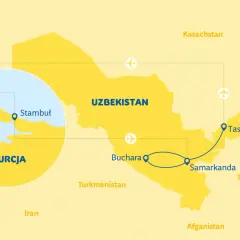 Mapa pokazuje trasę podróży z Turcji do Uzbekistanu, z zaznaczonymi miastami: Stambuł, Taszkent, Samarkanda i Buchara. To świetny plan, co zobaczyć w Uzbekistanie!