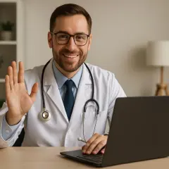 Lekarz w białym kitlu wita pacjenta podczas teleporady. Uśmiecha się, machając ręką, a przed nim leży laptop.