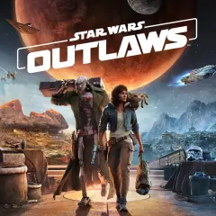 Postapokaliptyczny krajobraz z dwójką bohaterów i logo gry Star Wars Outlaws.