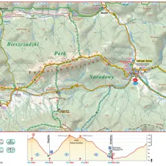 Mapa szlaku GSB: Bieszczady, Połonina Caryńska, Ustrzyki Górne. Etapy i profile wysokościowe.