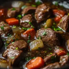 Gros morceaux de bœuf mijotant dans une sauce riche avec des carottes et des oignons. Un plat de boeuf bourguignon réconfortant et savoureux.