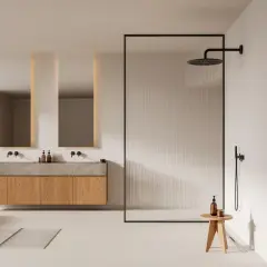 Salle de bain moderne avec double vasque et douche à l'italienne. L'ambiance est épurée, invitant à installer une douche à l'italienne.