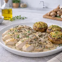 Délicieuse recette filet de poulet en sauce crémeuse aux champignons, accompagnée de champignons farcis.