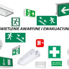 Kolekcja znaków i lamp oświetlenia awaryjnego i ewakuacyjnego, w tym strzałki kierunkowe, symbole wyjścia, gaśnica i apteczka.