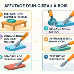 Guide illustré pour l'affûtage d'un ciseau à bois : préparation, réglage de l'angle, affûtage du biseau, démorfilage et test final.