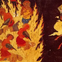 Människor plågas i flammor av demoner. Till höger sitter änglar och en man i en mörk scen, en skildring av muslimsk helveteseld.