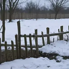 Zimowy krajobraz z drewnianym płotem. Kilka słupków ogrodzeniowych jest pochylonych, co sugeruje potrzebę naprawy i pytanie, jak wyprostować słupek ogrodzeniowy.
