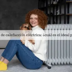 Chica con perro junto a un radiador eléctrico, explorando los tipos de calefacción para una casa.