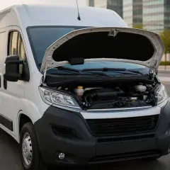 Un Fiat Ducato 2.2 Multijet 140 CV avec le capot ouvert, révélant son moteur. Avis sur ce véhicule utilitaire.