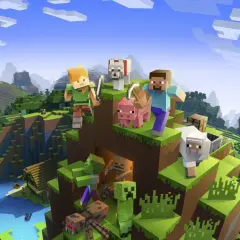 Steve i Alex z psami, świnią i owcą na szczycie bloku. W dole czają się zombie, creeper i pająk. To świat, gdzie czity do Minecrafta mogą pomóc przetrwać.