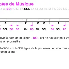 Exercice pour apprendre à solfège chanter les notes DO et SOL sur une portée. La note DO est en couleur pour faciliter sa reconnaissance.