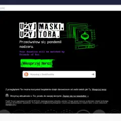 Strona główna przeglądarki Tor z hasłem "Użyj maski, użyj Tora." i grafiką symbolizującą cebulę.
