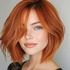 Mujer con cabello pelirrojo y corte wolf cut, pecas y labios brillantes.