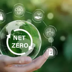 Dłoń trzymająca Ziemię z napisem "NET ZERO", otoczoną ikonami symbolizującymi zrównoważony rozwój i neutralność klimatyczną.