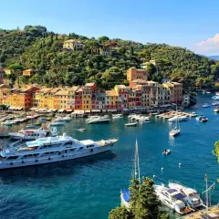 Portofino: cosa vedere? Un incantevole borgo ligure con case colorate, un porto pieno di yacht e una collina verdeggiante.