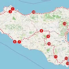 Mapa Sycylii z zaznaczoną trasą podróży. Zobacz, gdzie leży Sycylia i jakie miejsca warto odwiedzić, od Trapani po Katanię.