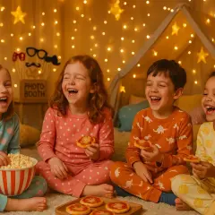 Fyra glada barn på pyjamasparty, skrattandes och ätandes popcorn och minipizzor i ett tält med ljusslingor.