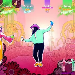 Dwóch tancerzy w kolorowych strojach na tle psychodelicznych kwiatów. Grają w "just dance online", zdobywając punkty "Super" i "Perfect".