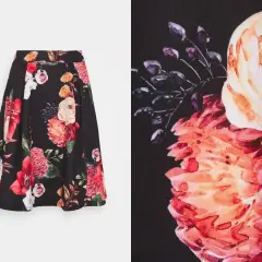 Kwiatowa spódnica midi, idealna dla puszystych. Wzór w duże, kolorowe kwiaty na czarnym tle.