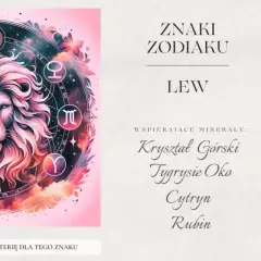 Lew znak zodiaku charakterystyka: majestatyczny lew w otoczeniu symboli zodiaku, wspierające minerały: Kryształ Górski, Tygrysie Oko, Cytryn, Rubin.