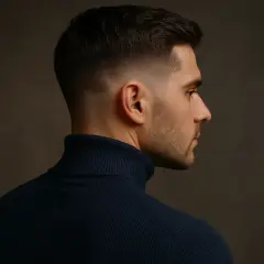 Profil d'un homme avec un dégradé net sur ses cheveux courts. Le style taper cheveux court met en valeur ses traits.