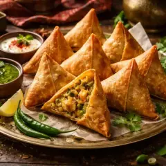 En bricka med gyllene, friterade samosas, en öppen för att visa fyllningen. Serveras med grön chutney, yoghurt och citronklyftor. Ett perfekt samosa recept för alla tillfällen.