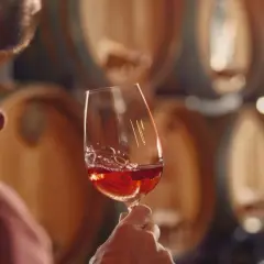 Un uomo assapora un bicchiere di vino rosso nelle cantine di Bolgheri, circondato da botti di legno.