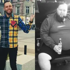 Przed i po: szczupły mężczyzna w kolorowej koszuli i jego dawna, duża waga.