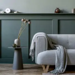 Soggiorno con divano grigio, coperta e decorazioni su una parete con effetto boiserie con pittura verde petrolio.
