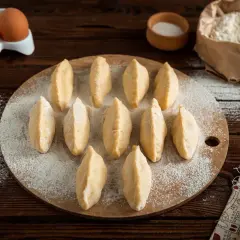 Gotowe do lepienia pierogi na desce, obok jajka i mąka. Czy ciasto na pierogi można zamrozić? Tak, to świetny sposób na zapas!