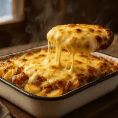 Une portion de vrai tartiflette fumante, avec son fromage fondant qui s'étire. Un plat réconfortant et gourmand.