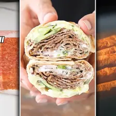 Trzy etapy przygotowania domowego kebaba: mielone mięso, przekrojony kebab w tortilli i pieczone rolady.