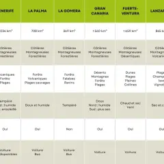 Tableau comparatif des îles Canaries pour la randonnée : superficies, types de paysages, climat, et plus.