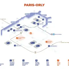 Plan de liaison Orly-Paris : navettes, tramway T7, Orlyval, RER B, bus, taxis, parkings et hôtels.