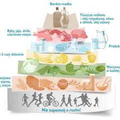 Piramida żywienia: produkty zbożowe, warzywa, owoce, nabiał, ryby, drób, mięso, tłuszcze. Podstawa to ruch. Idealna dieta po zawale serca.