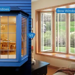 Left: a blue bay window showing a dining room. Right: a bow window with a view of a garden.